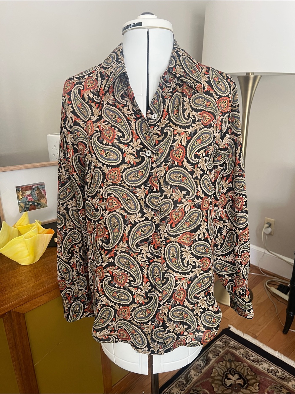Amanda Smith Paisley Button-Down Shirt in Black, Rust, Cream